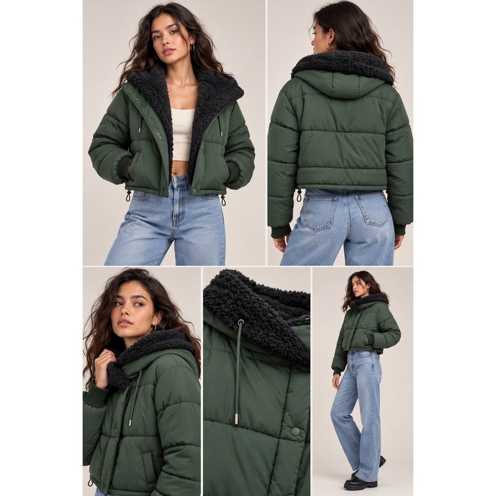 BDG Urban Outfitters Green Puffer Jacket Sherpa Bomber Gorpcore Y2K Streetwear
